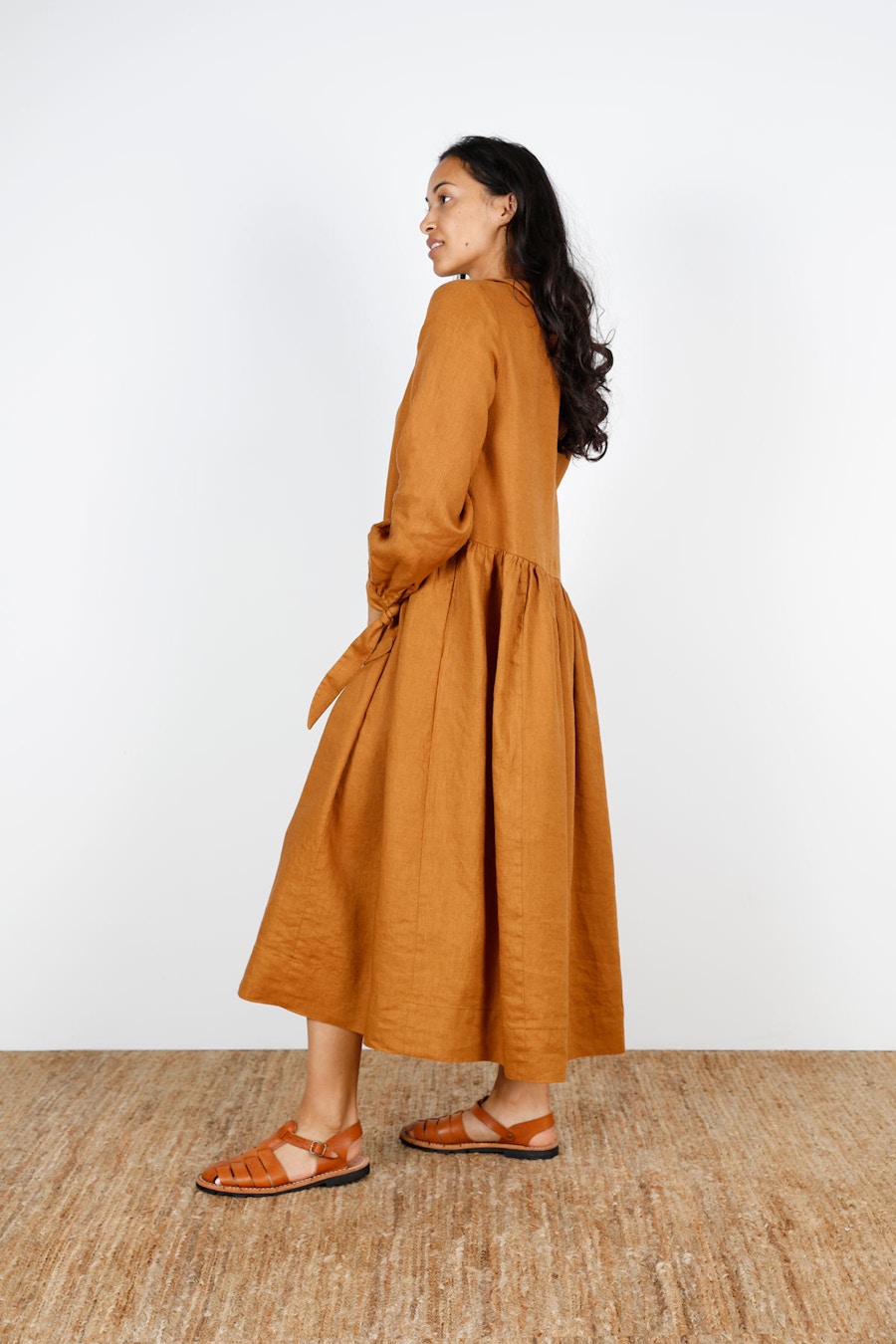 Ivy dress pattern linen ochre side