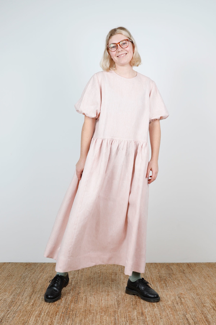 Front Pink Salt Hemp Puff Sleeve Hack Ivy Dress Make by TFS The Fabric Store