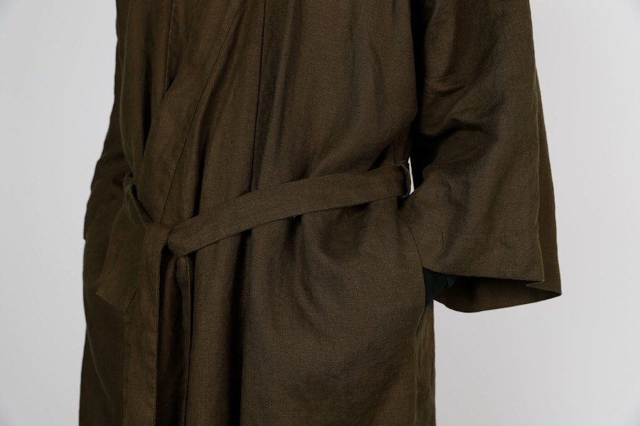 Deep olive lucie robe pattern make by TFS linen fabric by the fabric store