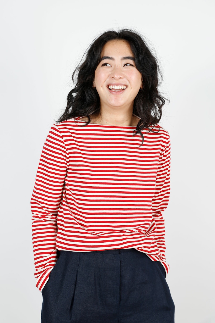 Front Crop Striped Make by TFS Boat Neck Fog Tee