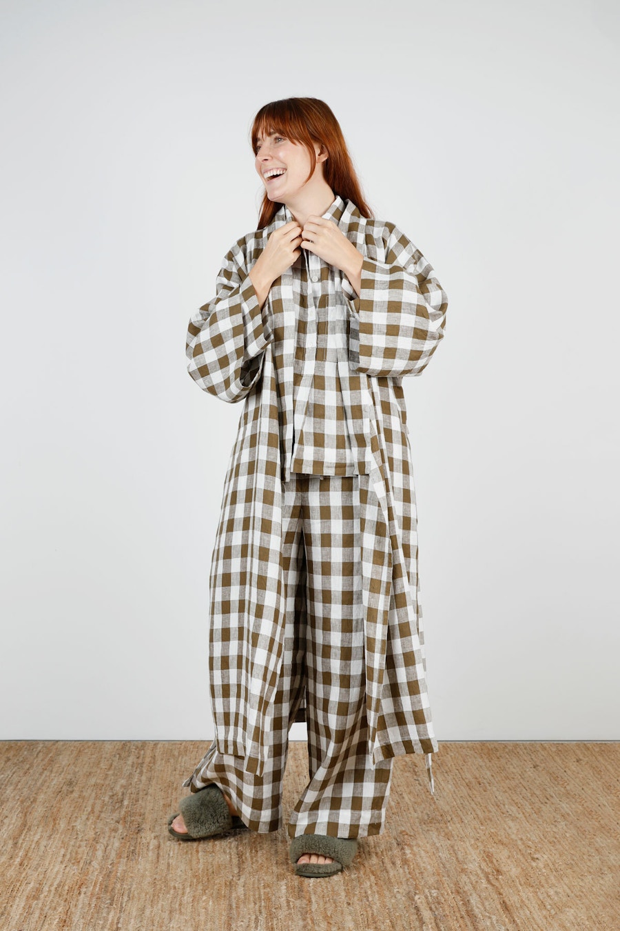 Collar Sleeve Olive Bold Gingham Linen Make by TFS Sparrow Set Lucie Robe
