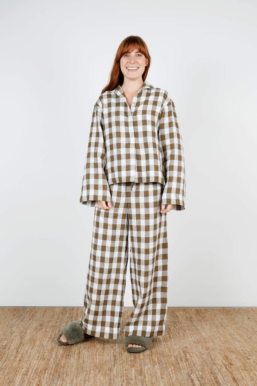 Front Sleeve Olive Bold Gingham Linen Make by TFS Sparrow Set Lucie Robe