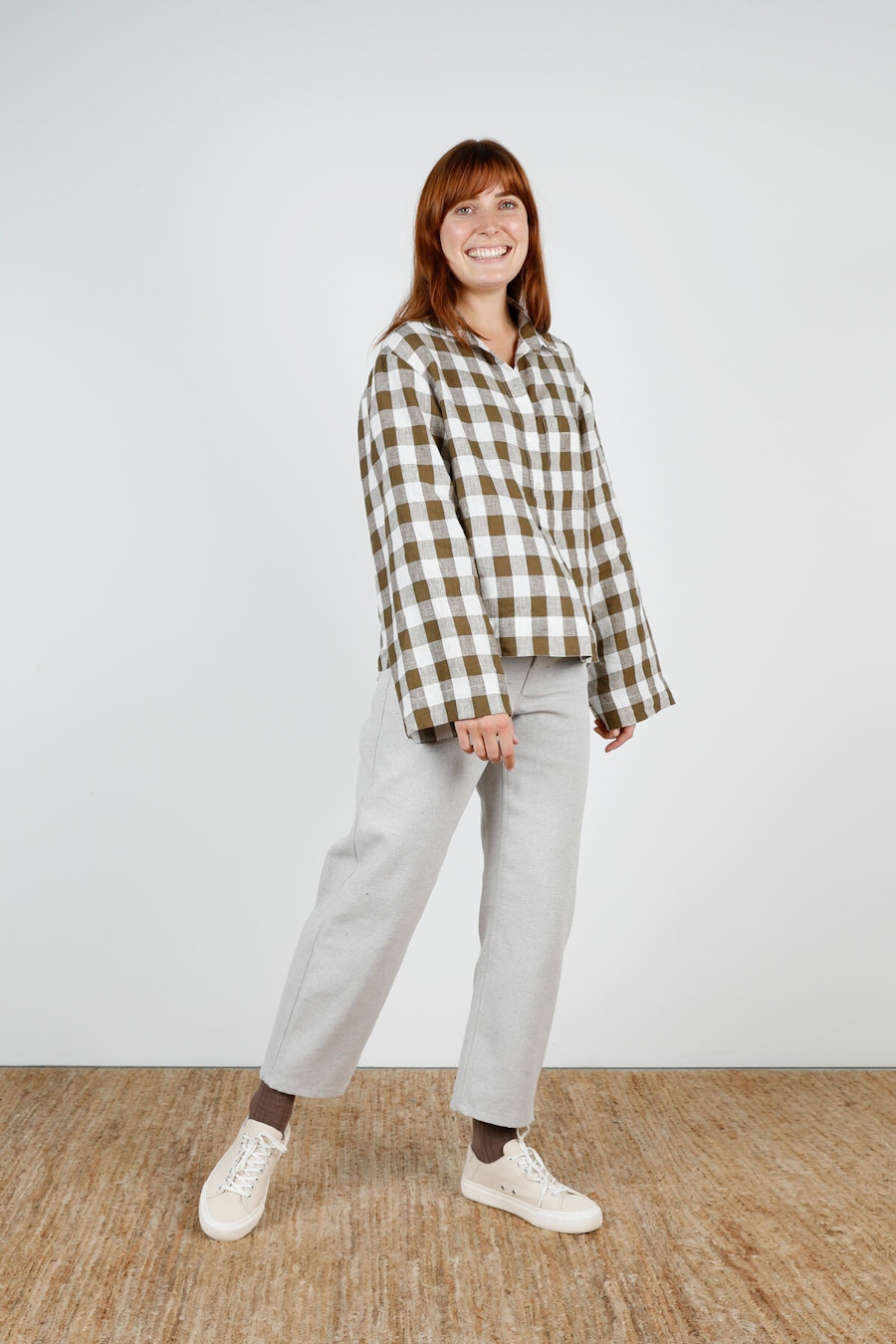 May Front step Sleeve Olive Bold Gingham Linen Make by TFS Sparrow Set Lucie Robe