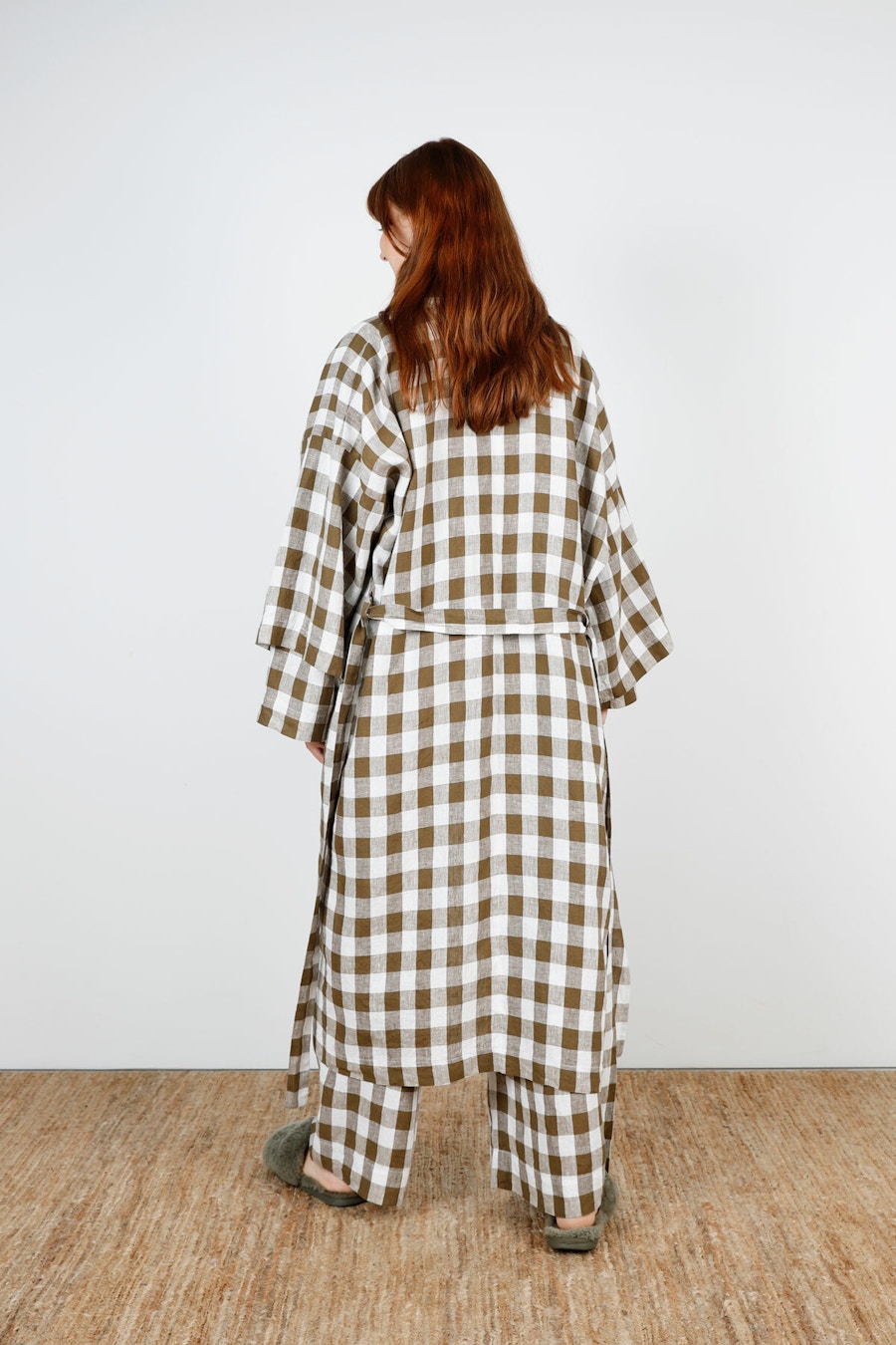 Robe Back step Sleeve Olive Bold Gingham Linen Make by TFS Sparrow Set Lucie Robe