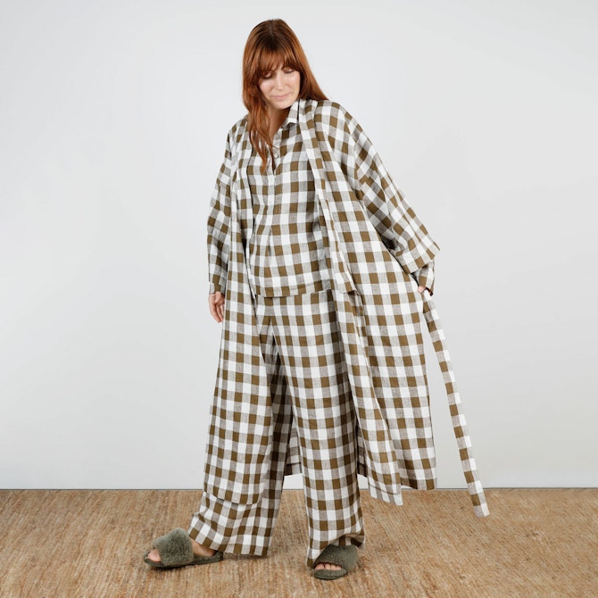 SQ Swish Sleeve Olive Bold Gingham Linen Make by TFS Sparrow Set Lucie Robe