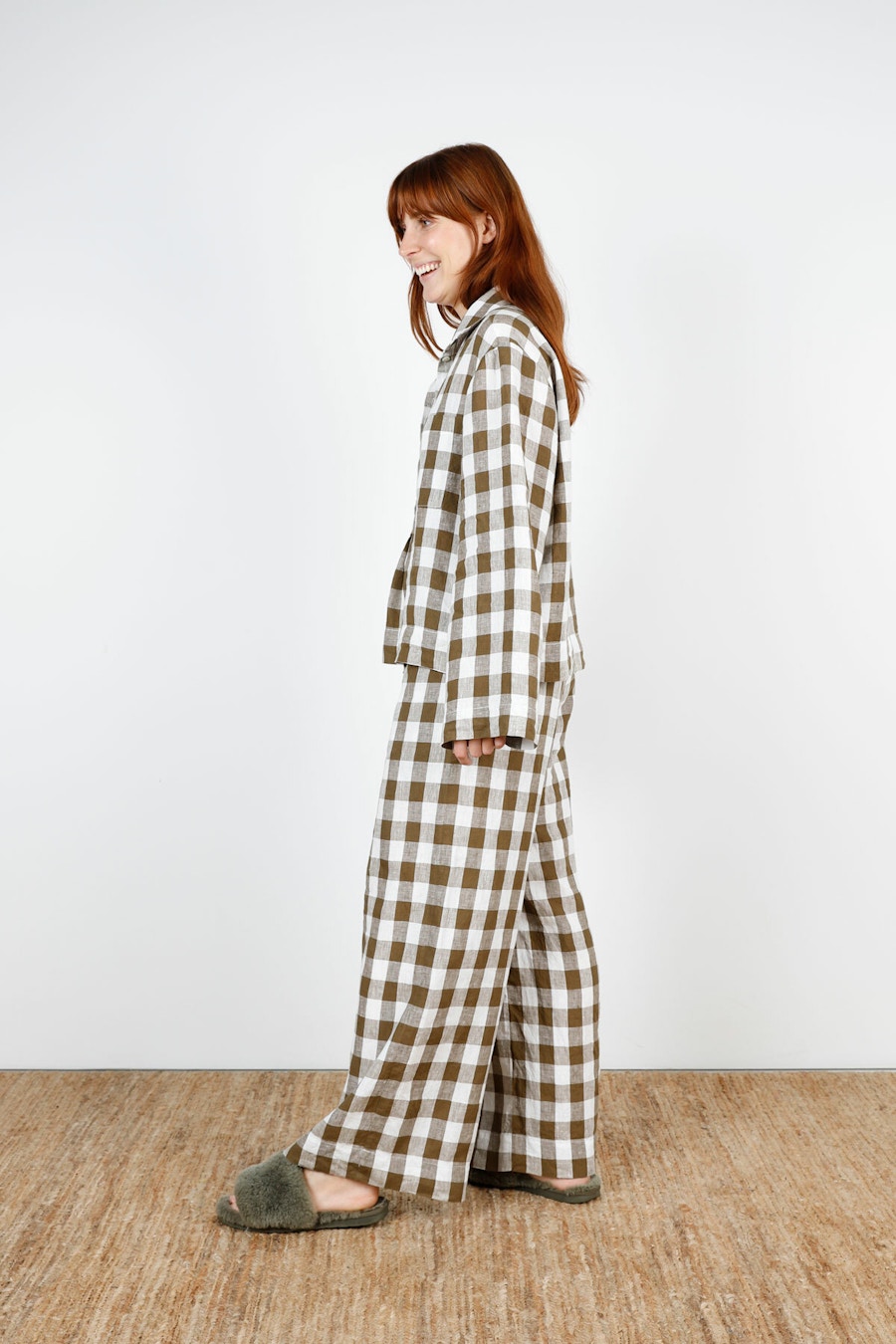 Side step Sleeve Olive Bold Gingham Linen Make by TFS Sparrow Set Lucie Robe
