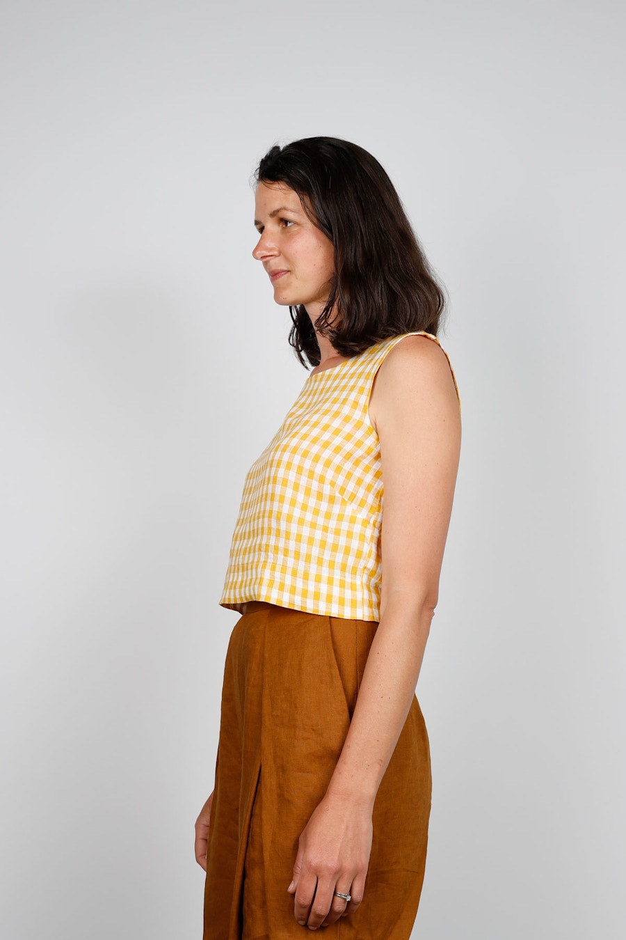 Sarah kirsten chamomile crop side canary exclusive ginham linen by the fabric store