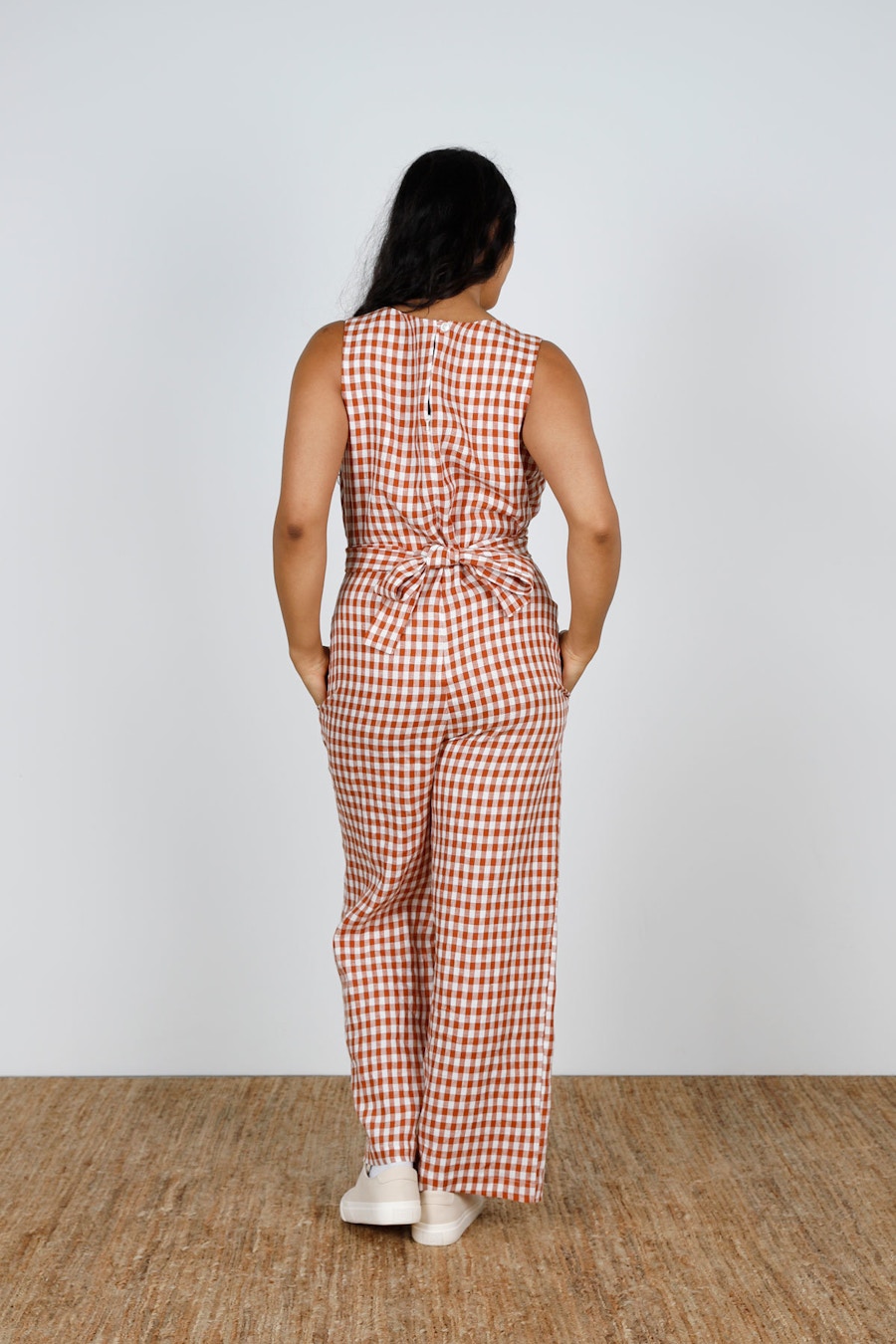 Back Mirri Jumpsuit Papercut Patterns Gingham Linen by The Fabric Store