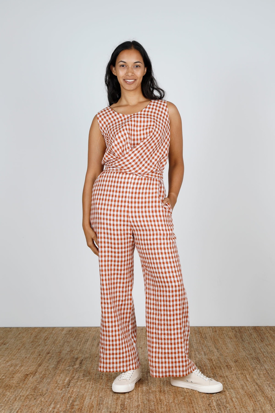 Front straight Mirri Jumpsuit Papercut Patterns Gingham Linen by The Fabric Store