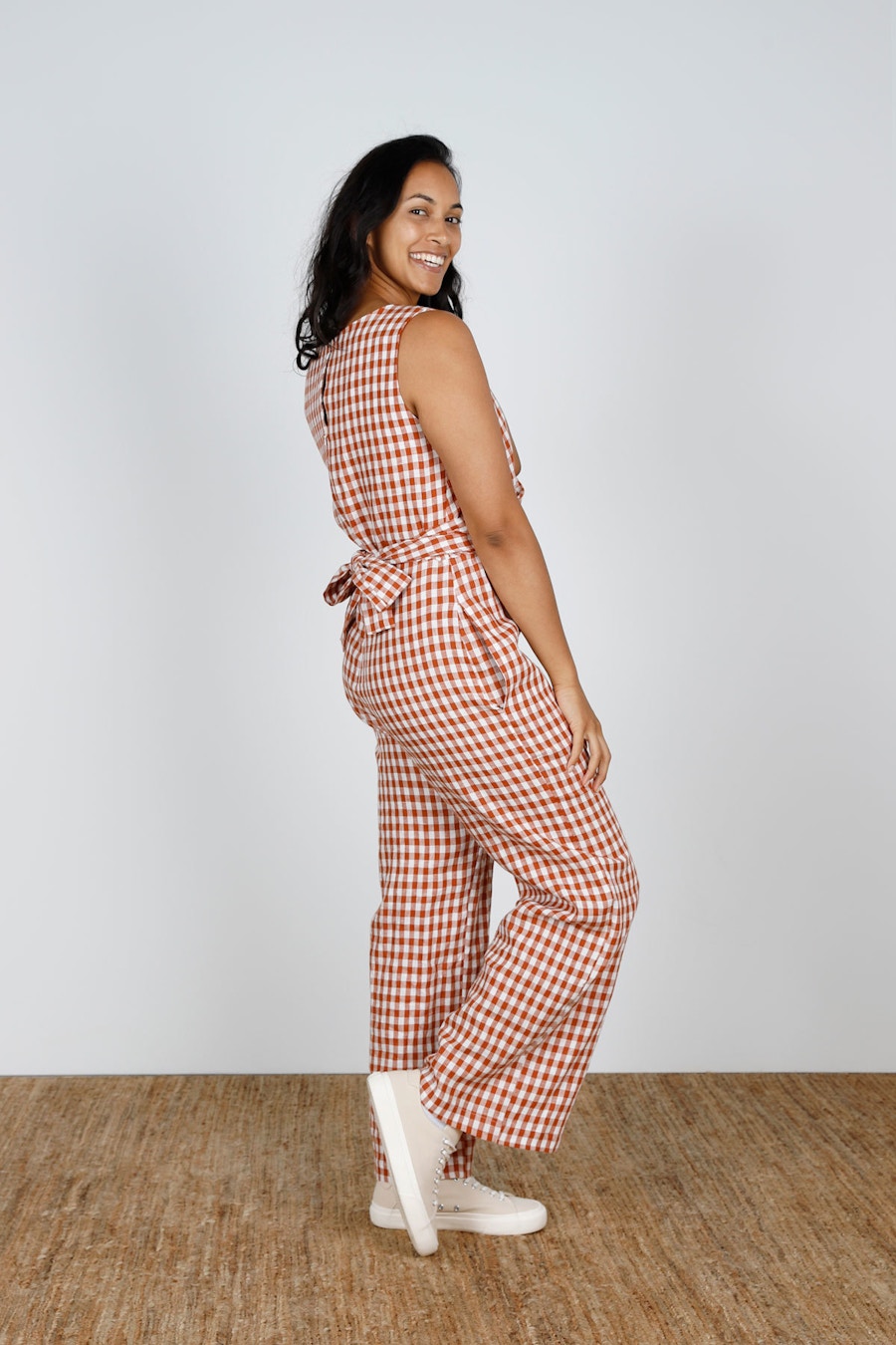 Side back Mirri Jumpsuit Papercut Patterns Gingham Linen by The Fabric Store