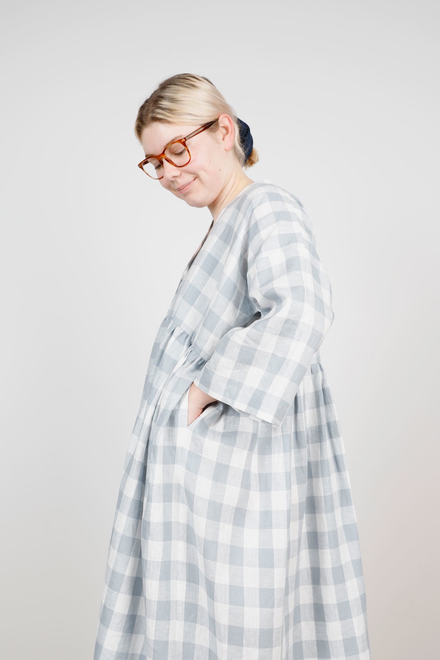 Pocket Birgitta Helmersson Zero Waste Gather Dress Duck Egg Gingham Linen by The Fabric Store