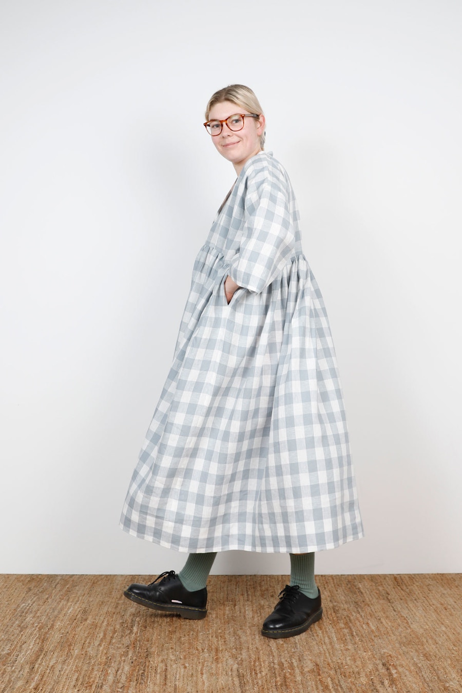 Side Birgitta Helmersson Zero Waste Gather Dress Duck Egg Gingham Linen by The Fabric Store