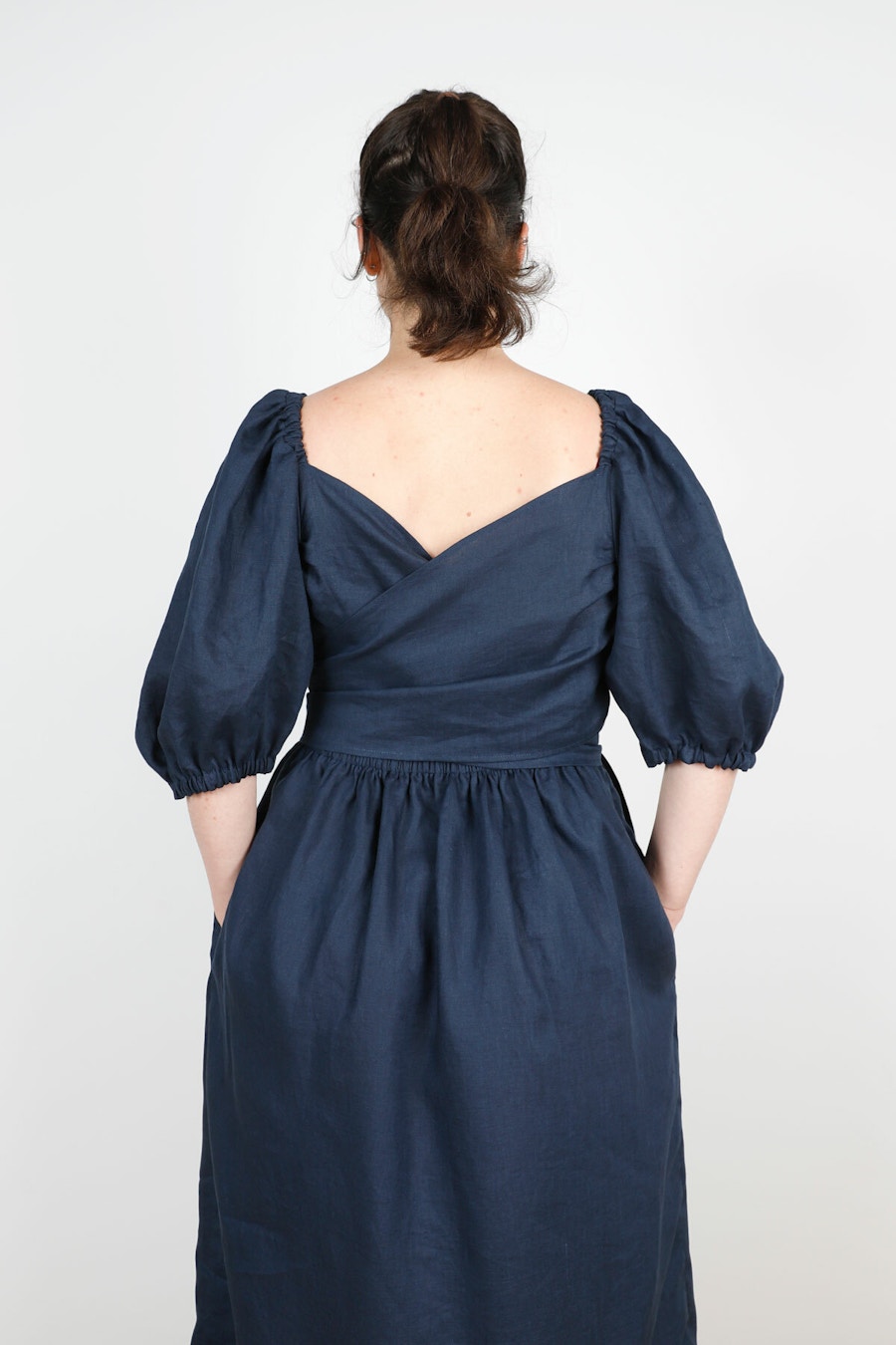 Back Crossover Papercut Patterns Estella Dress Navy Vintage Finish Linen By The Fabric Store
