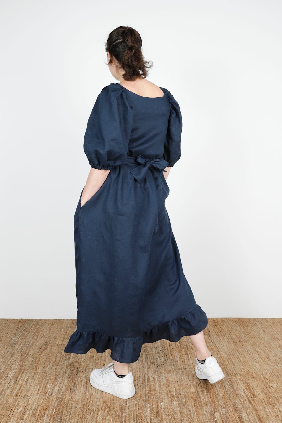Back Scoop Neck Papercut Patterns Estella Dress Navy Vintage Finish Linen By The Fabric Store Blog