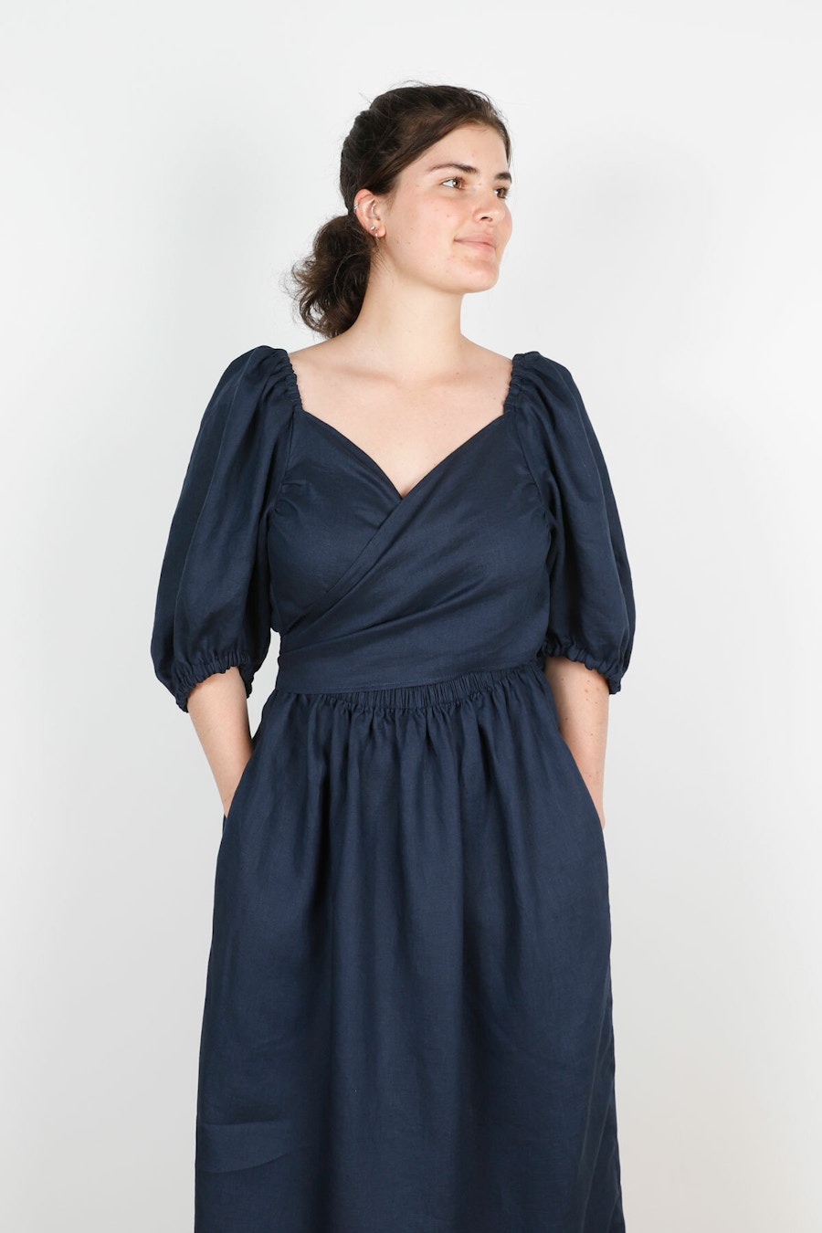 Front Crop Crossover Papercut Patterns Estella Dress Navy Vintage Finish Linen By The Fabric Store