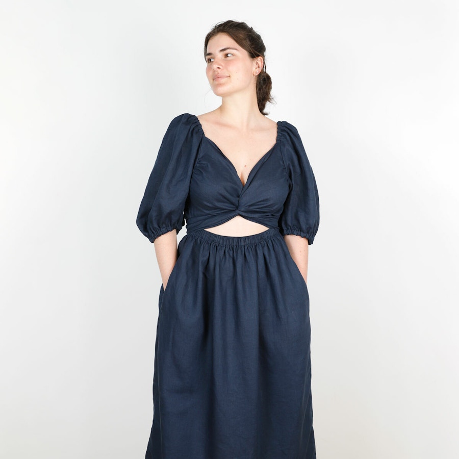 SQ Front Crossover Papercut Patterns Estella Dress Navy Vintage Finish Linen By The Fabric Store