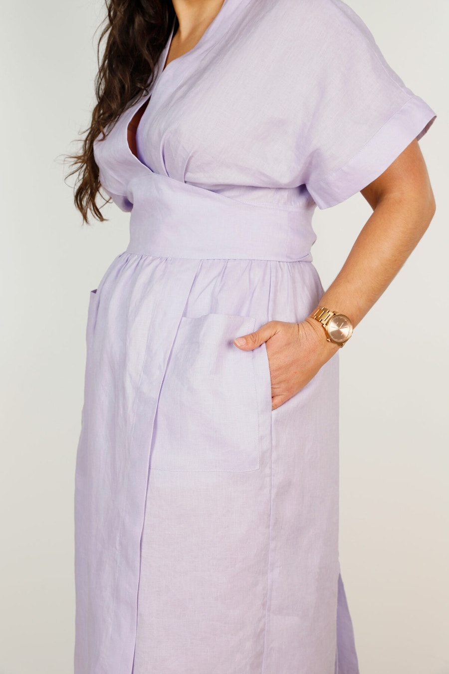 Front Crop Helena Dress Just Patterns Lilac Organic Linen The Fabric Store
