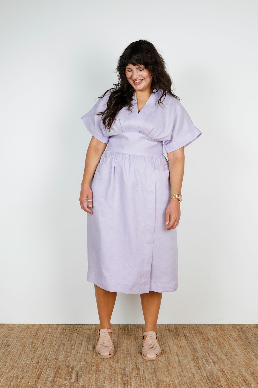 Front Helena Dress Just Patterns Lilac Organic Linen The Fabric Store