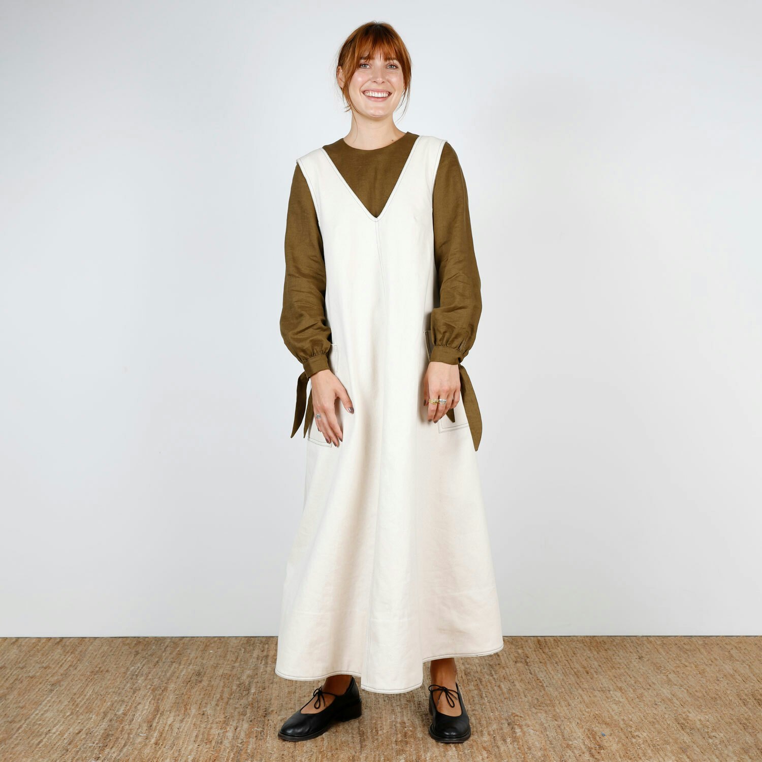 SQ Front Ivy Soften Studio Ora Pinafore Natural Upcycled Cotton