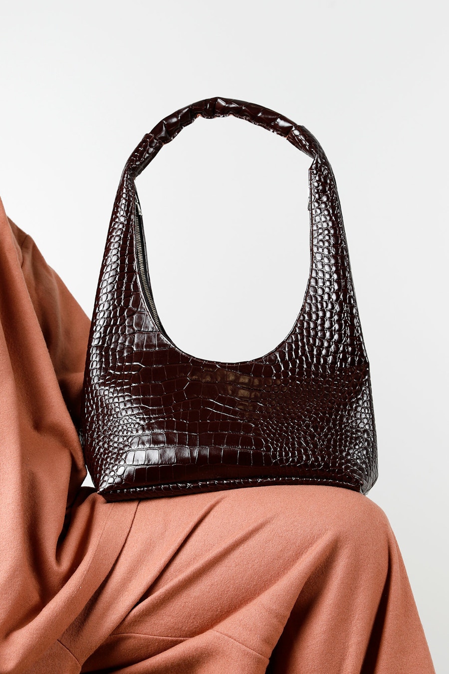 Maroon Croc Handbag On Knee