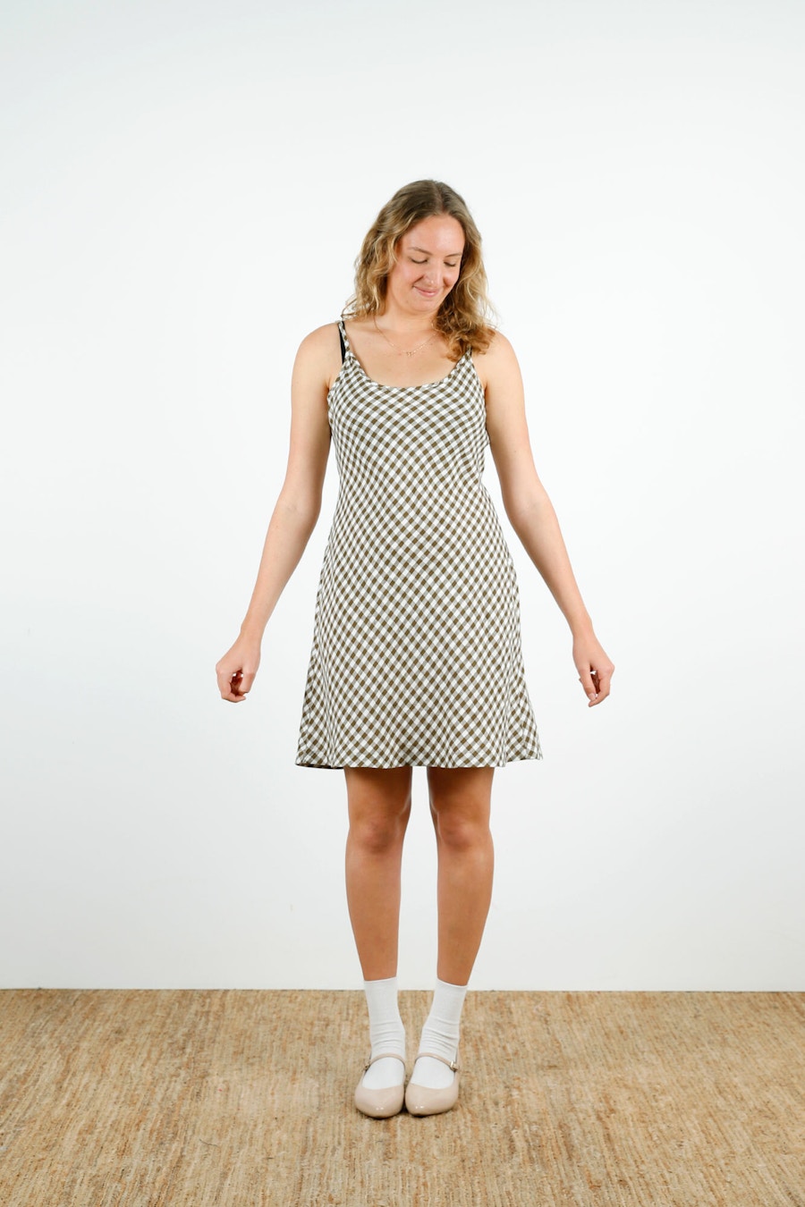 Beth Olive Gingham Front Arms Out