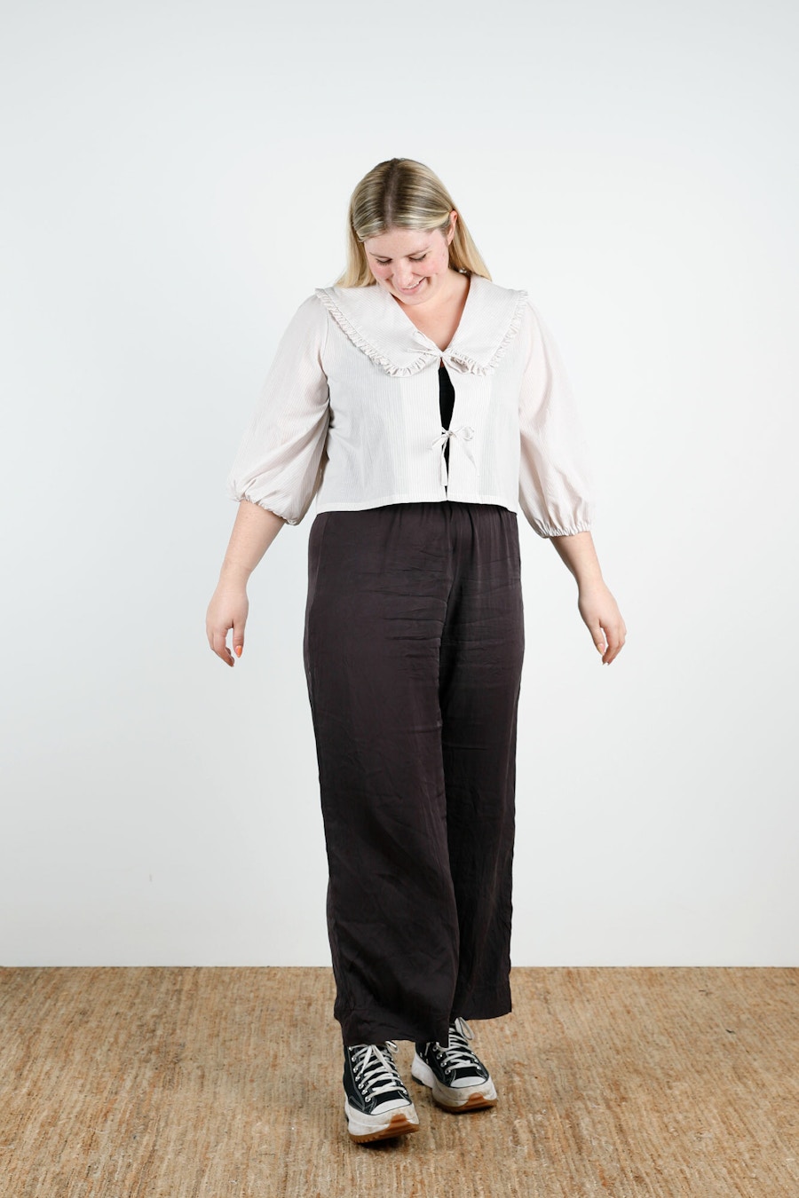 Jade Puff And Pencil Blouse Front Looking Down