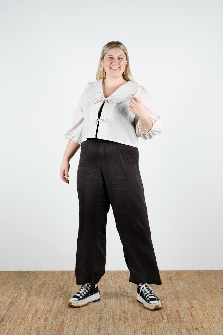 Jade Puff And Pencil Blouse Smiling Front Collar