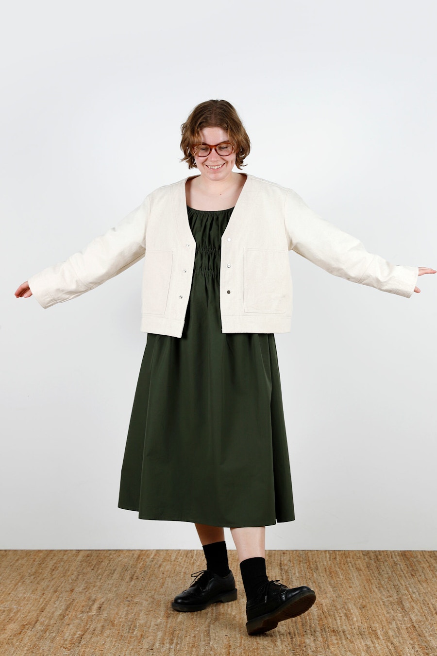 Clara Dress Steph Sparrow Jacket Front Arms Out